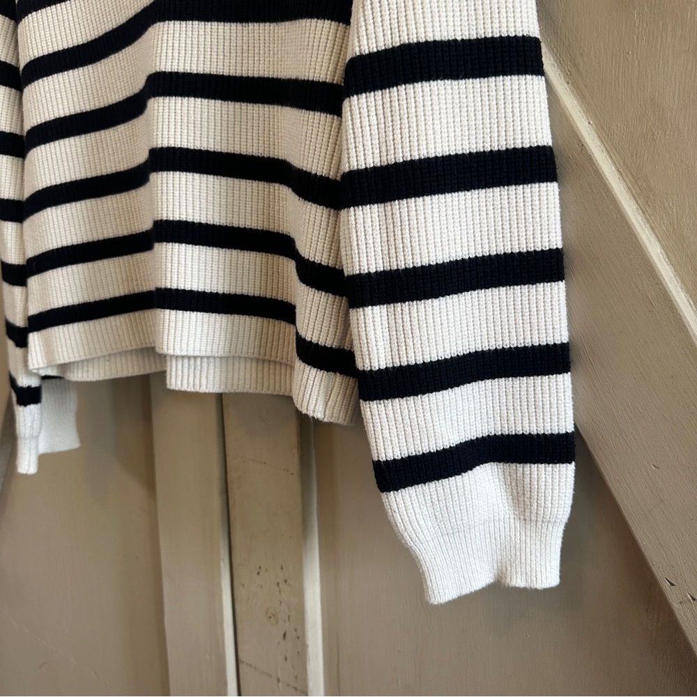 Elie Tahari Striped Collared Sweater M Black White Cropped Knit Preppy Chic - Picture 4 of 6